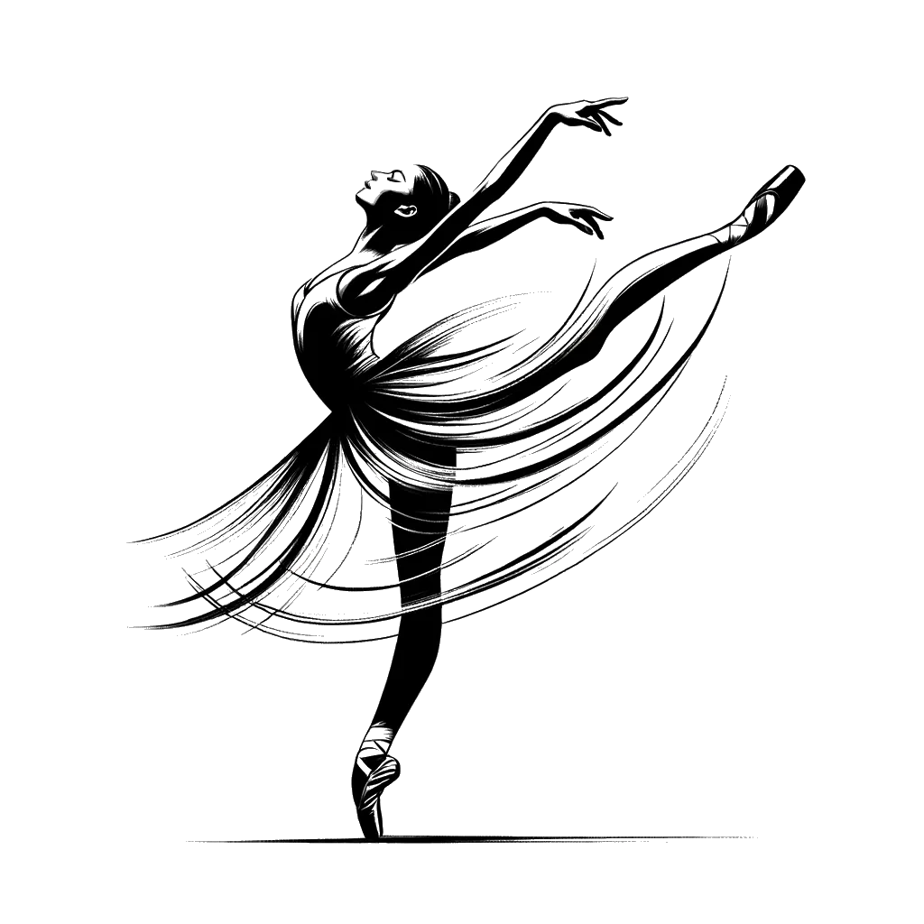 un dibujo de una bailarina haciendo una pirueta representando el tema de Excelencia en blanco y negro.