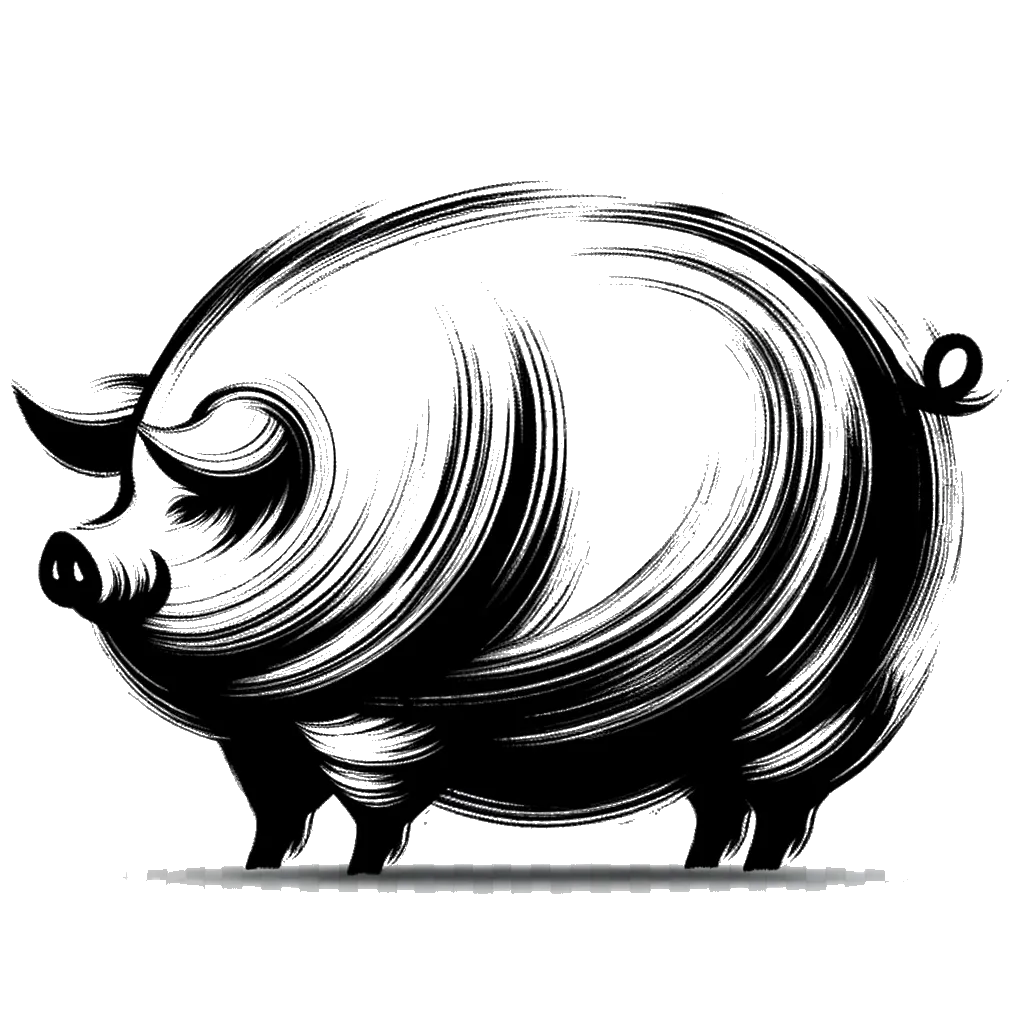un dibujo de un cerdo muy gordo representando el tema de Exceso en blanco y negro.