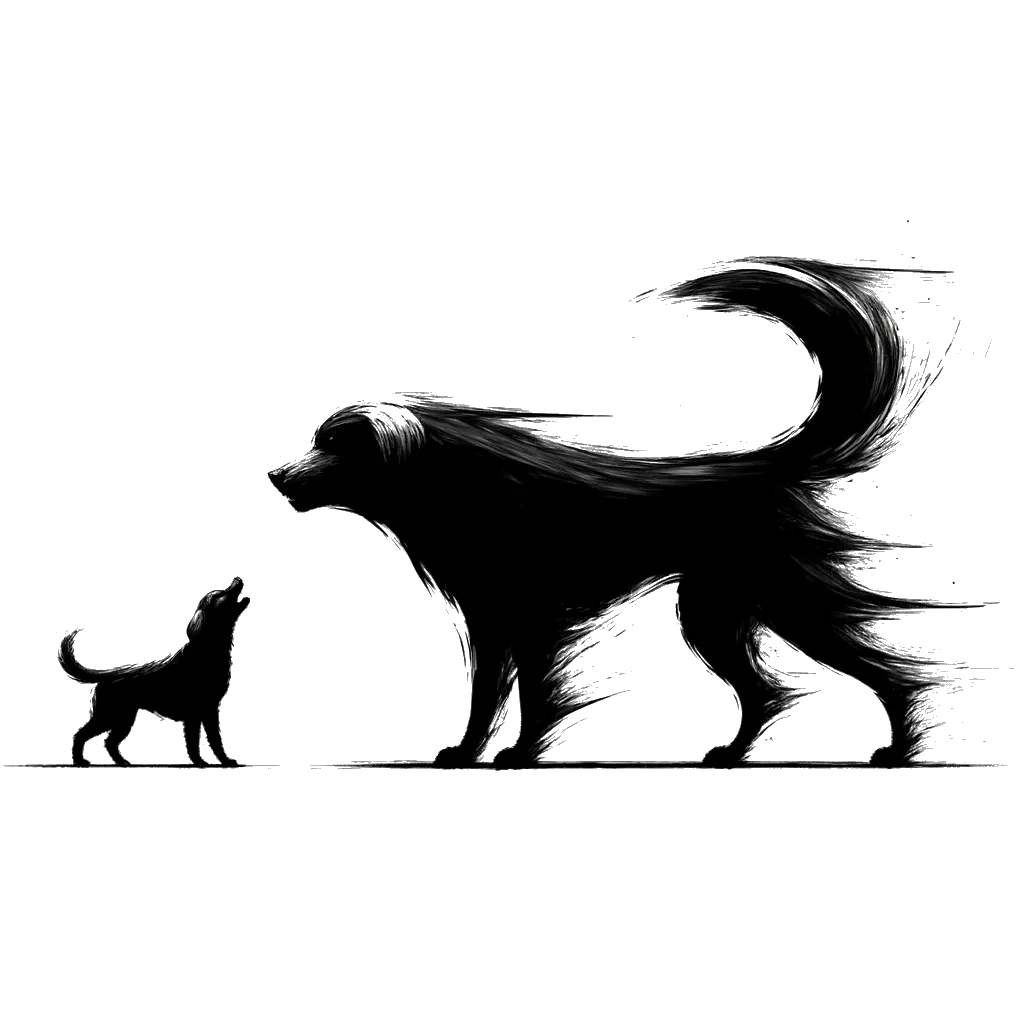 un dibujo de un perro pequeño ladrando a un perro grande representando el tema de Exceso de Confianza en blanco y negro.