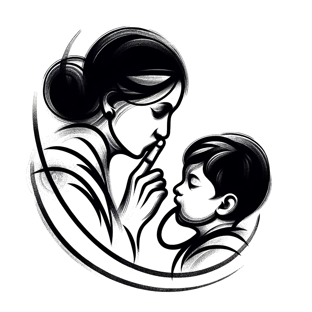 un dibujo de una madre poniendo su dedo sobre la boca de su hijo representando el tema de Excusas en blanco y negro.