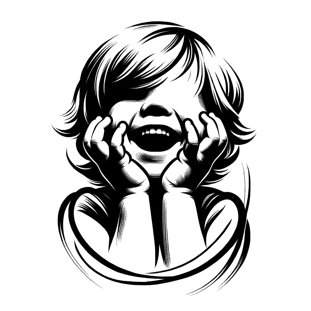 un dibujo de Un niño feliz se tapa los ojos con las manos antes de ver su regalo. representando el tema de Expectativas en blanco y negro.