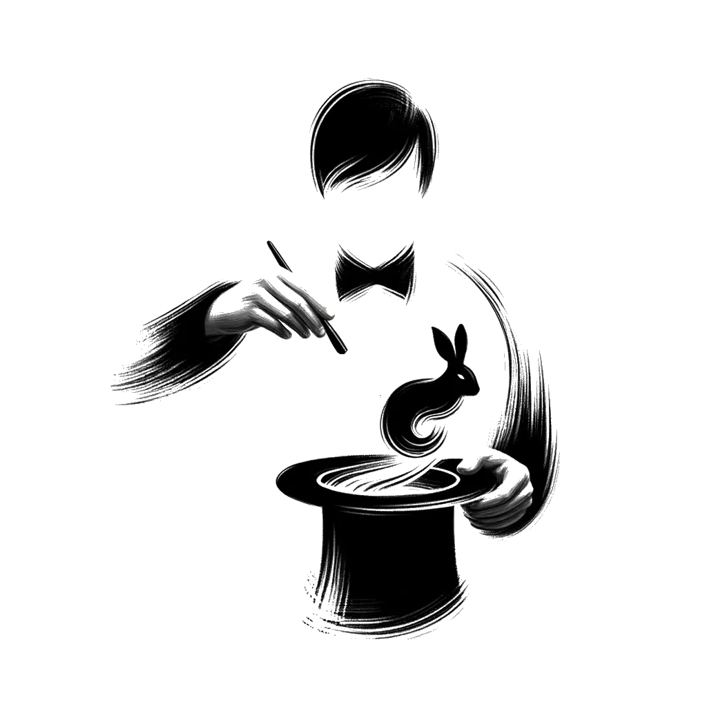 un dibujo de un mago sacando un conejo de un sombrero representando el tema de Exponiendo una Mentira en blanco y negro.