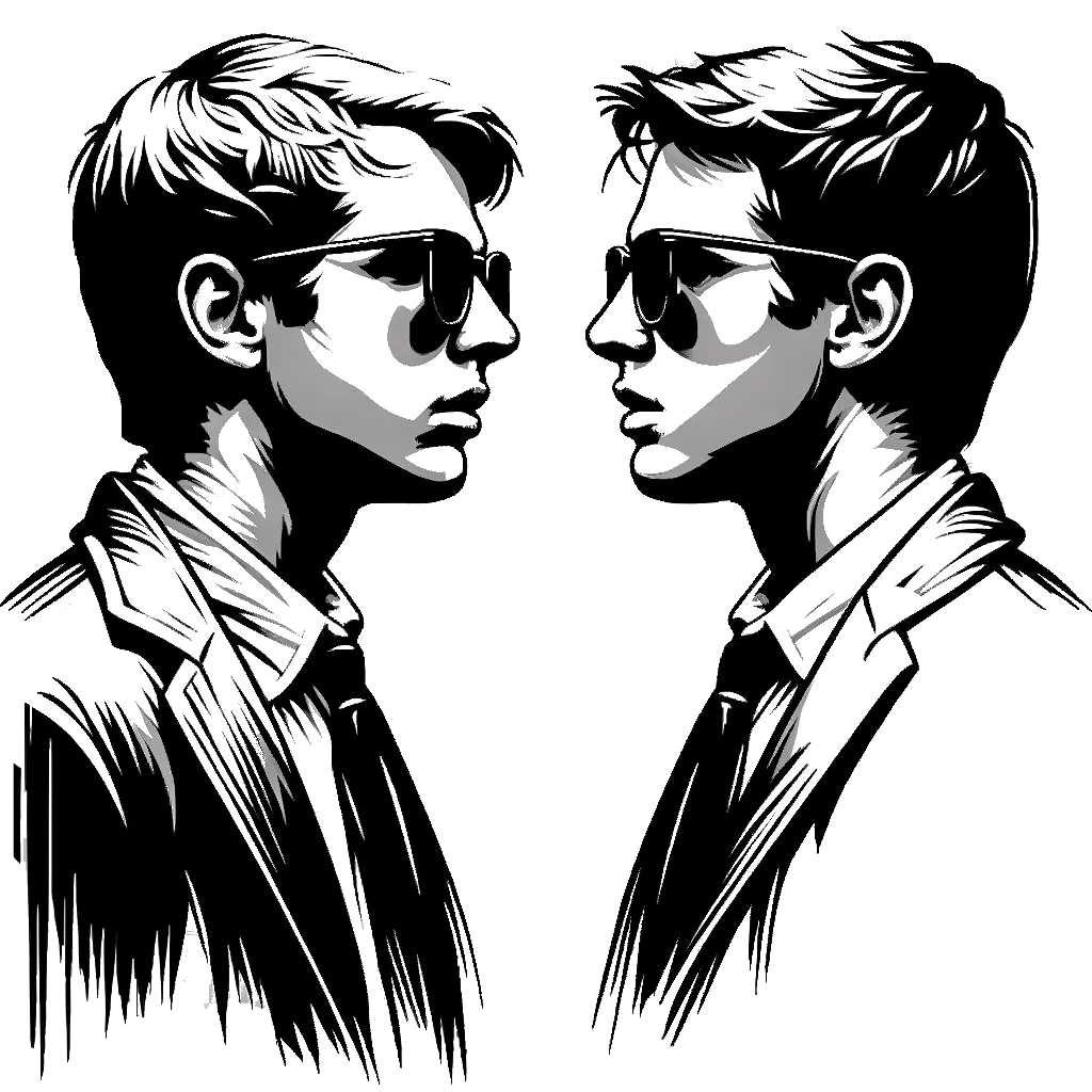 un dibujo de dos jóvenes con gafas de sol mirándose el uno al otro con expresión de confusión. representando el tema de Extraños en blanco y negro.