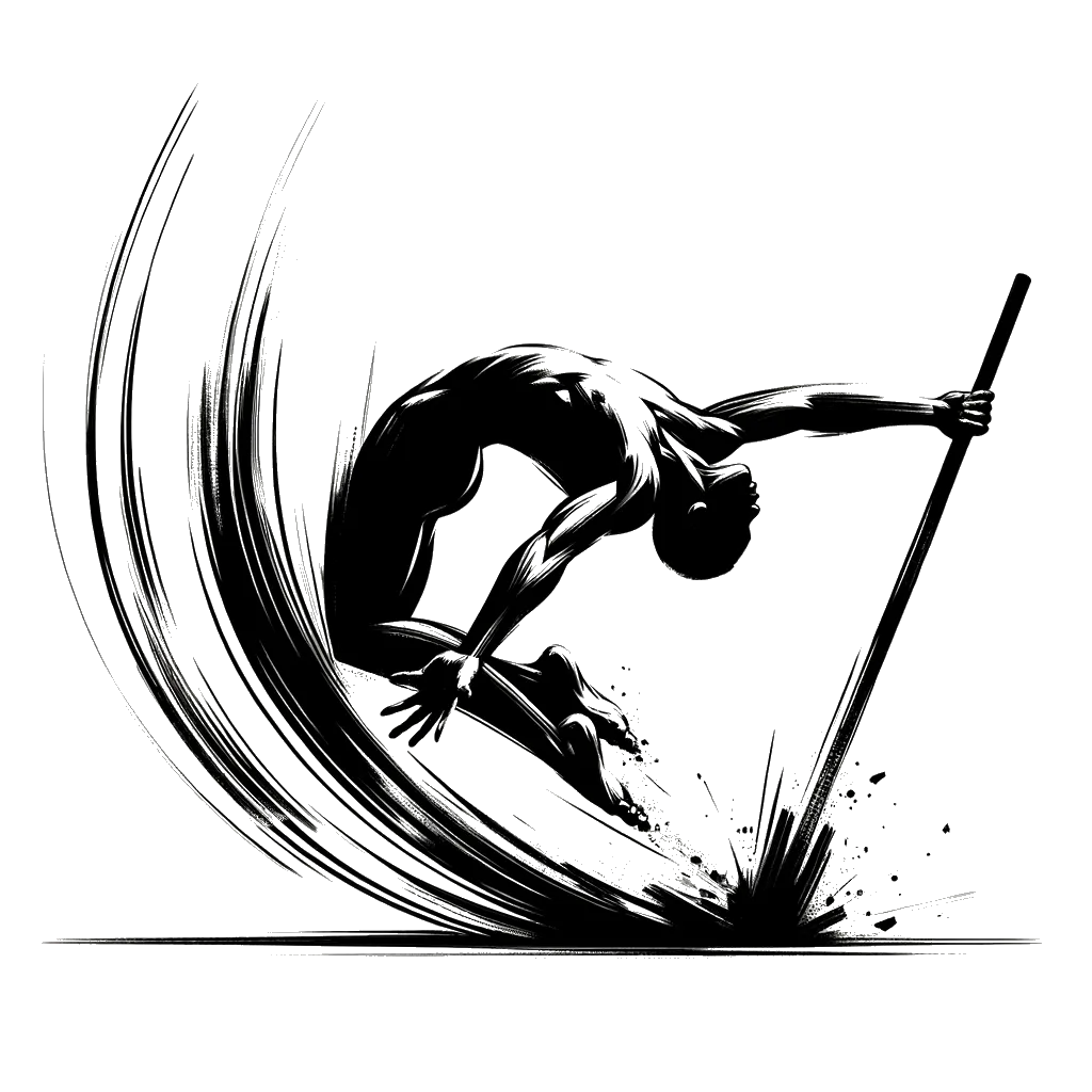 un dibujo de un pertiguista cayendo con una pértiga rota representando el tema de Fallo en blanco y negro.