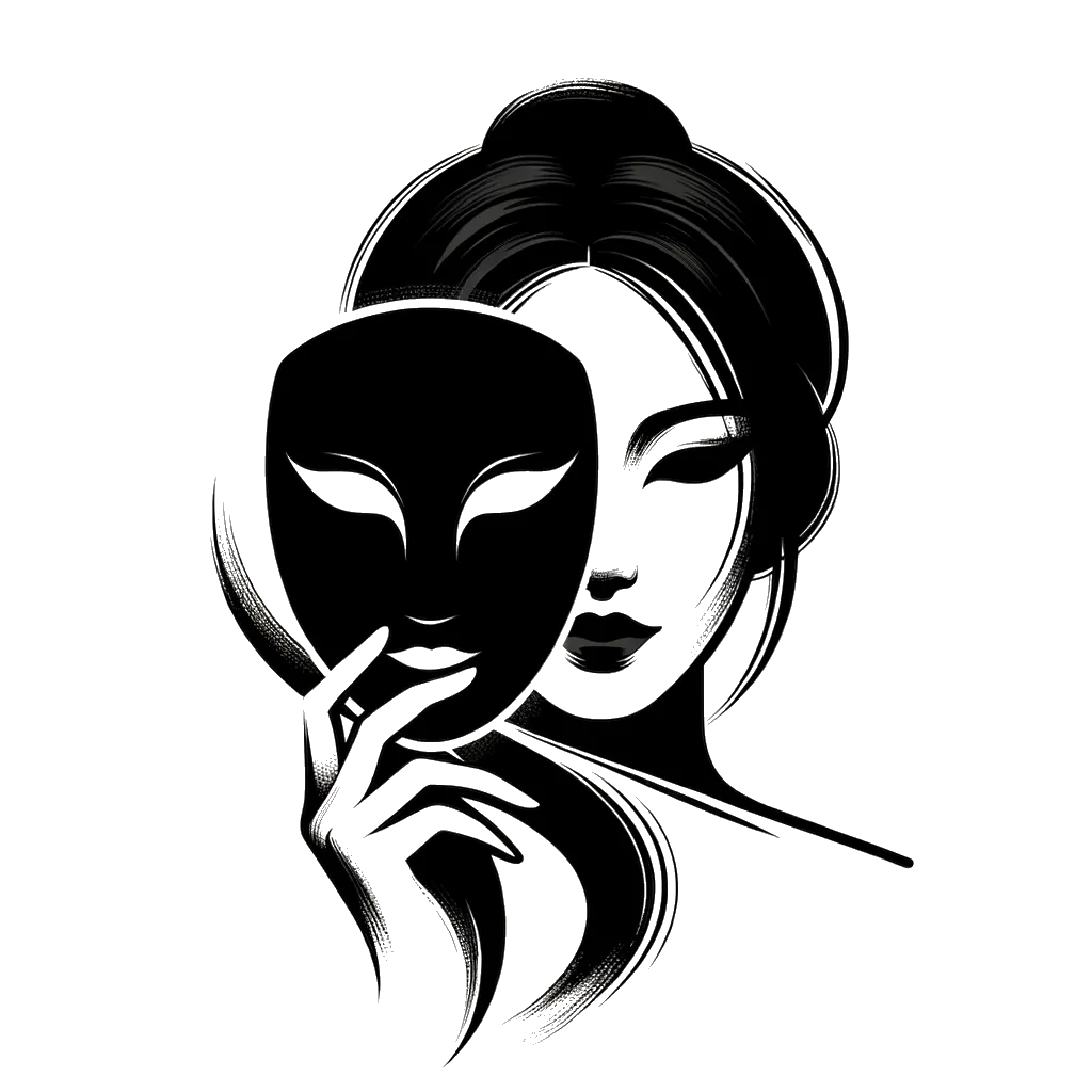 un dibujo de una mujer sosteniendo una máscara frente a su rostro representando el tema de Falso en blanco y negro.