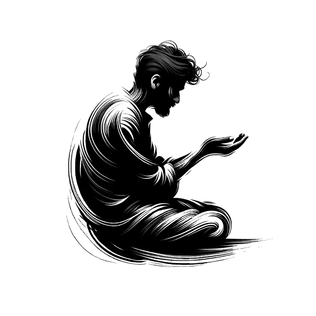 un dibujo de un hombre sin hogar se sentó pidiendo limosna representando el tema de Falta de Vivienda en blanco y negro.