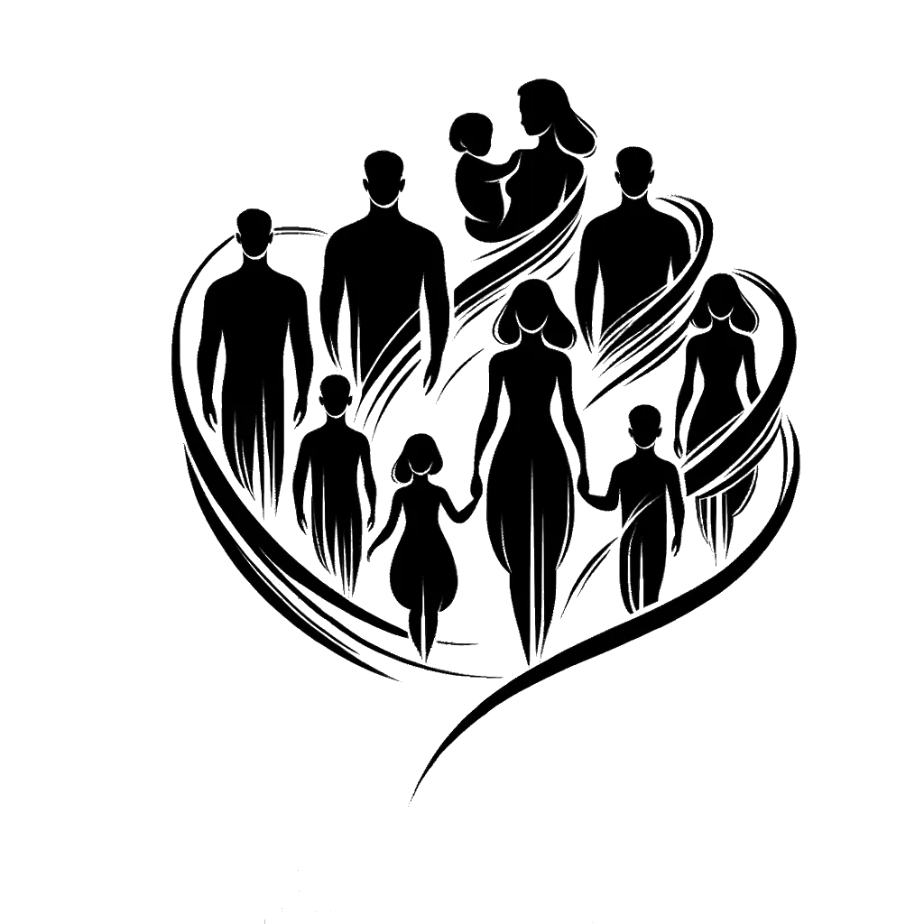 un dibujo de un gran grupo de personas representando el tema de Familia Extendida en blanco y negro.