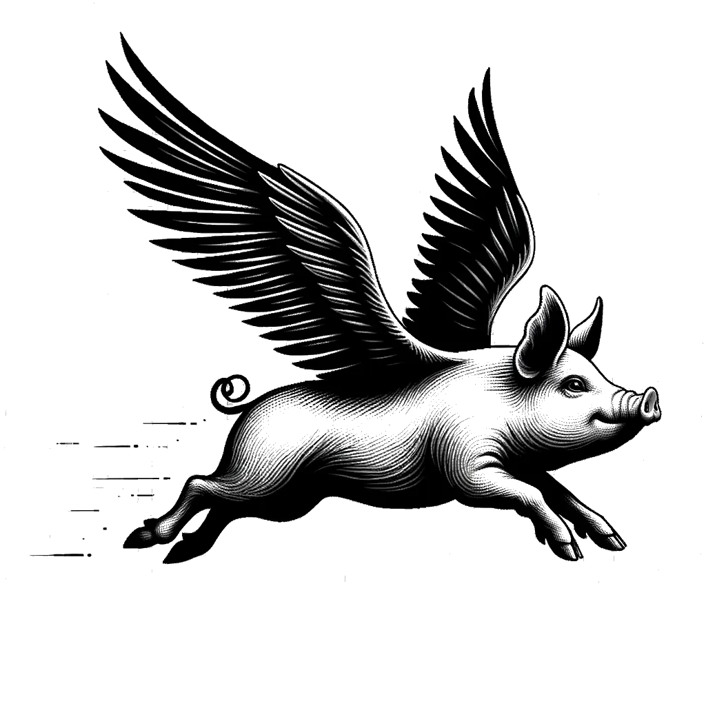 un dibujo de un cerdo volador con alas representando el tema de Fantasías en blanco y negro.