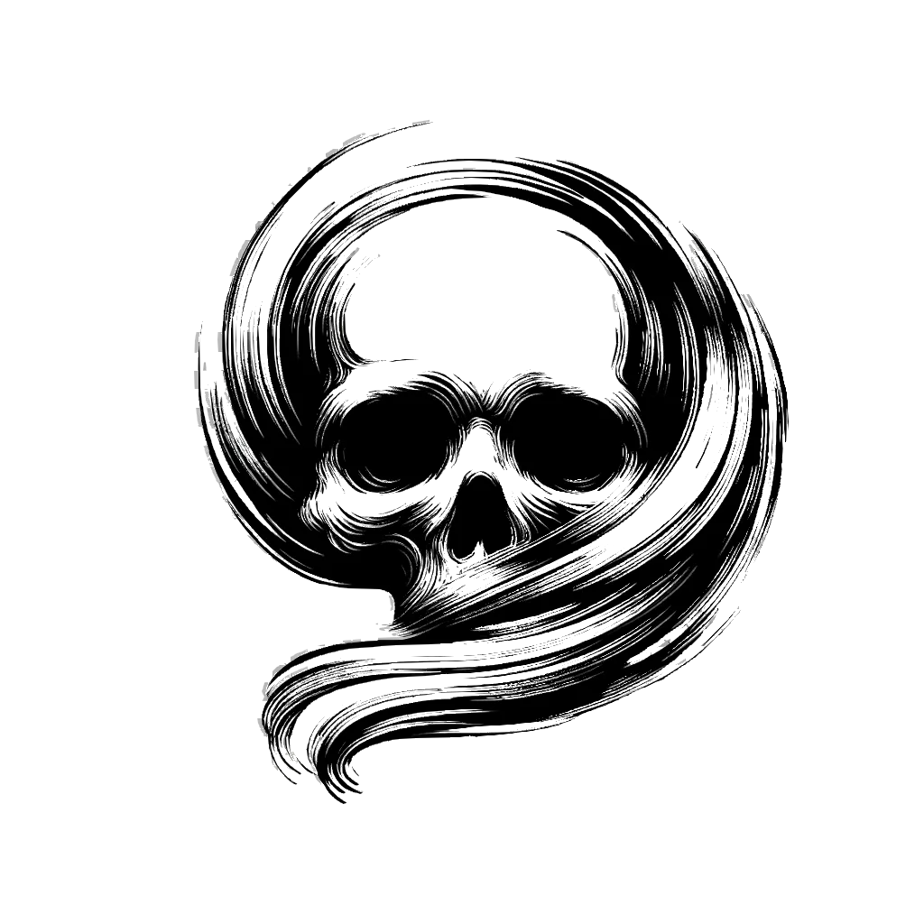un dibujo de un cráneo representando el tema de Fatalidad en blanco y negro.
