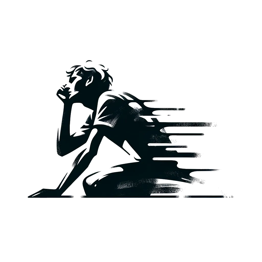 un dibujo de un atleta después de un maratón luciendo exhausto representando el tema de Fatiga en blanco y negro.
