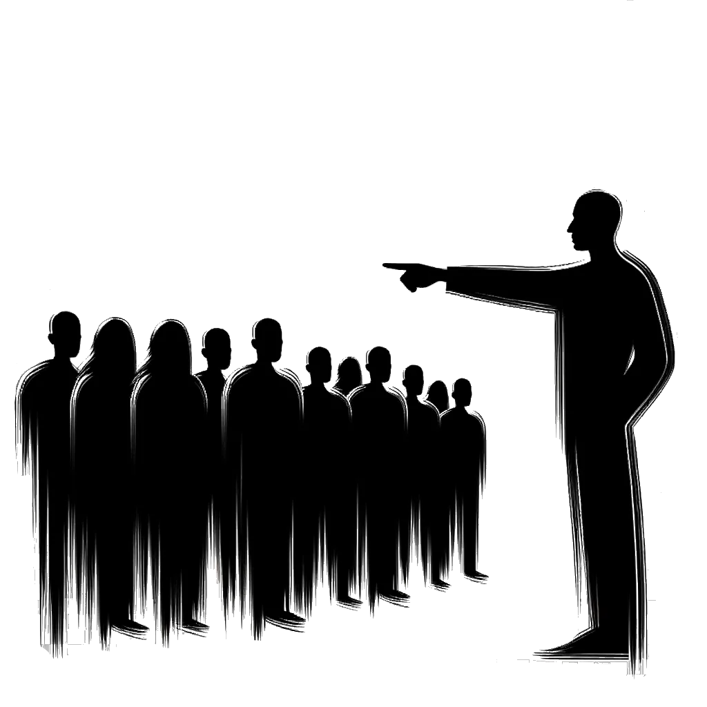 un dibujo de un hombre señalando hacia una multitud de personas representando el tema de Favor en blanco y negro.