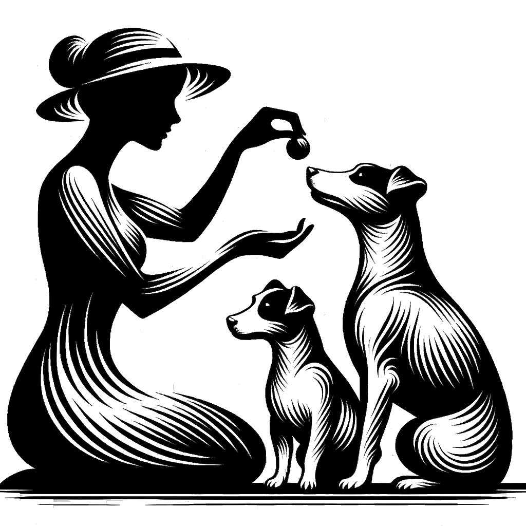 un dibujo de una mujer dando una golosina a un perro jack russell mientras otro jack russell observa desde el otro lado representando el tema de Favoritismo en blanco y negro.