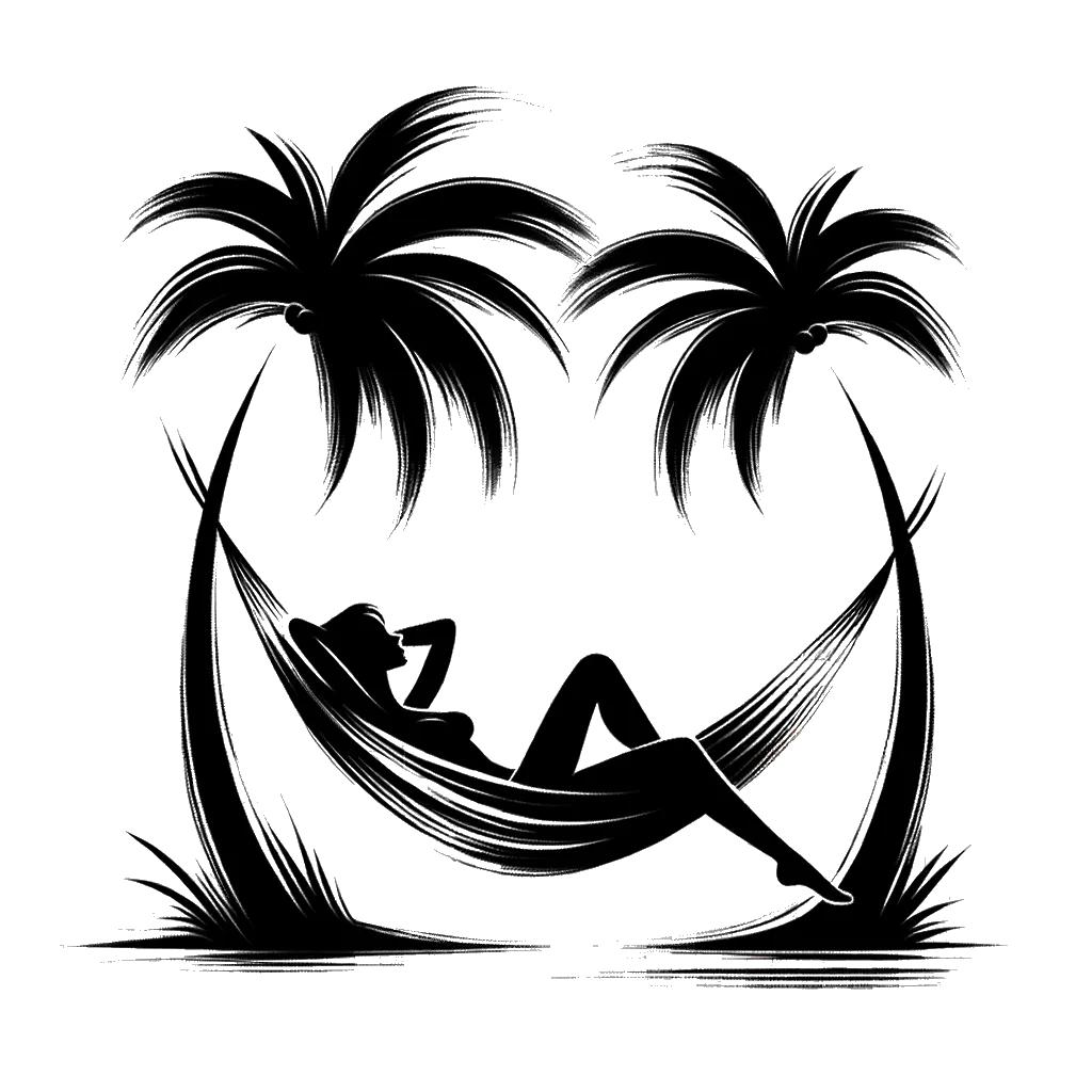 un dibujo de una persona relajándose en una hamaca entre dos palmeras representando el tema de Felicidad en blanco y negro.