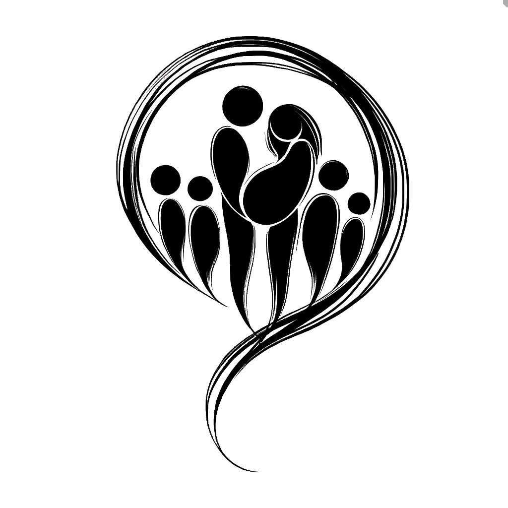 un dibujo de una familia con 6 hijos de diferentes edades representando el tema de Fertilidad en blanco y negro.