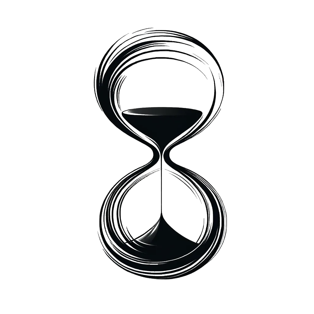 un dibujo de un reloj de arena representando el tema de Fin del Tiempo en blanco y negro.