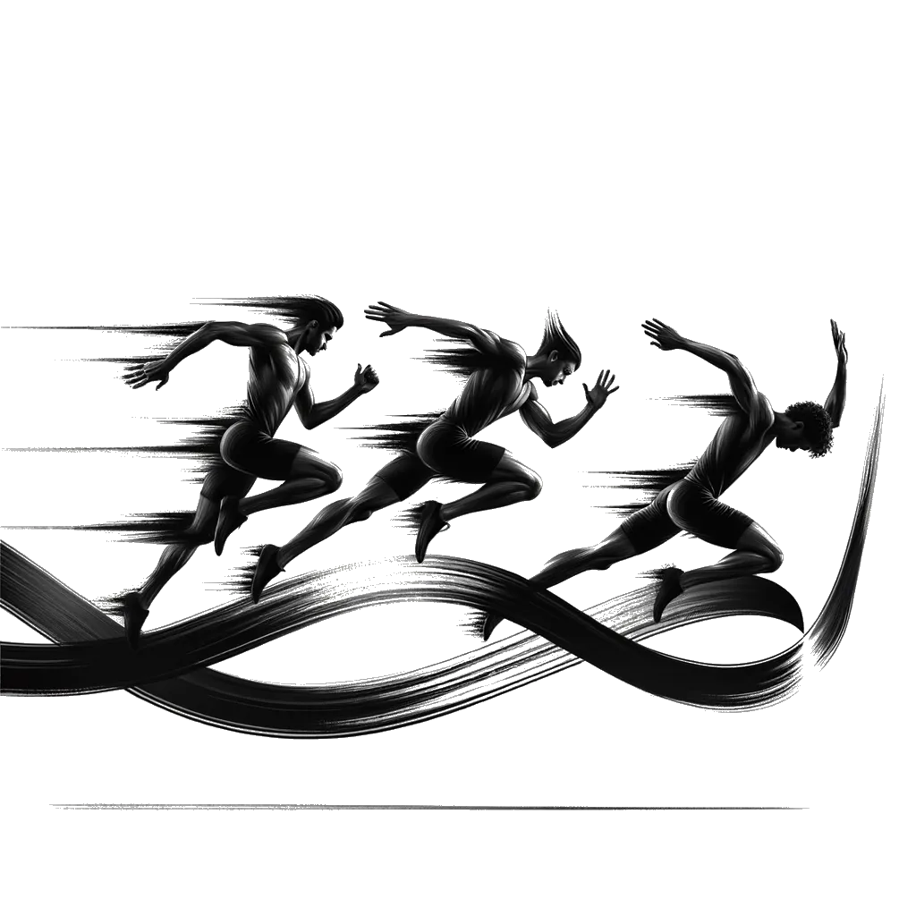 un dibujo de tres corredores de velocidad masculinos rompiendo la cinta de llegada representando el tema de Final en blanco y negro.