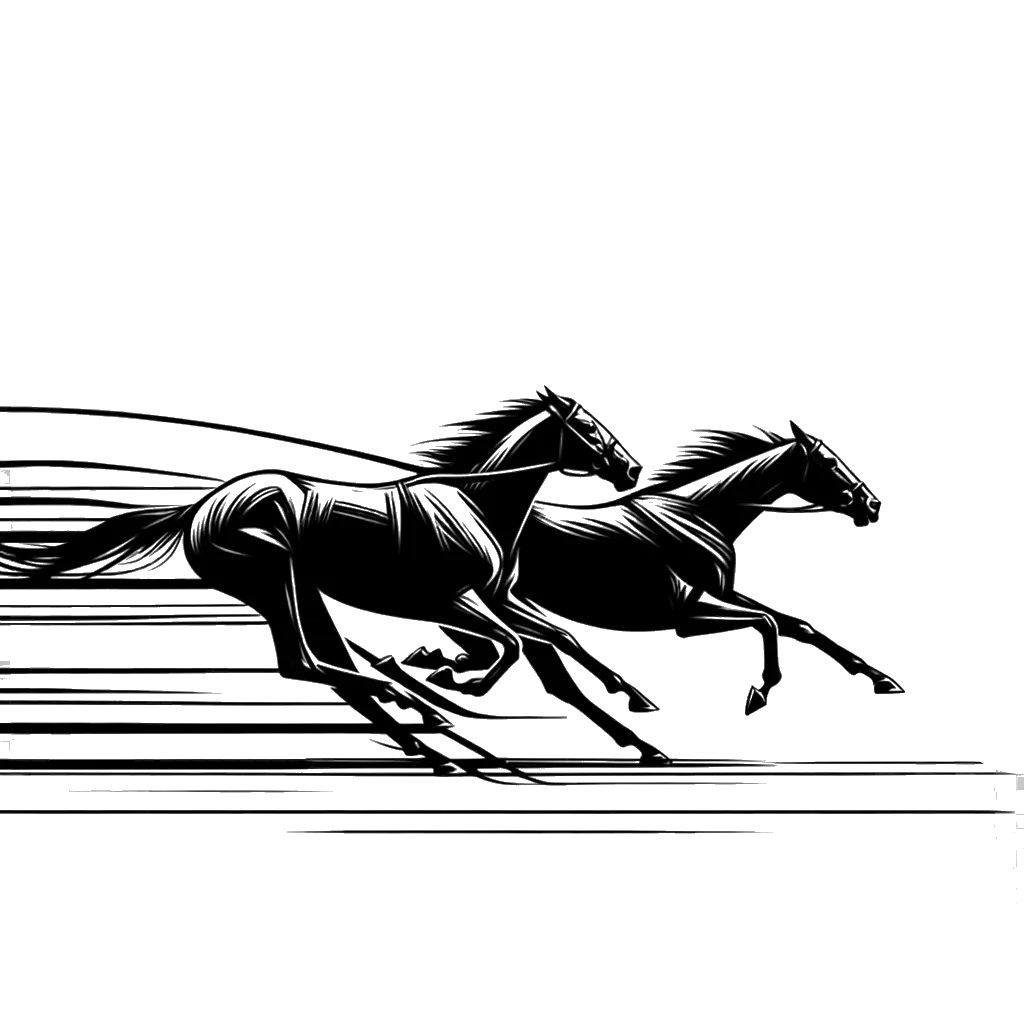 un dibujo de dos caballos de carrera cruzando la línea de meta representando el tema de Finalización en blanco y negro.