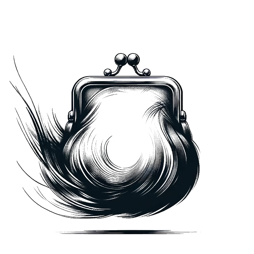 un dibujo de un bolso de estilo antiguo representando el tema de Finanzas en blanco y negro.