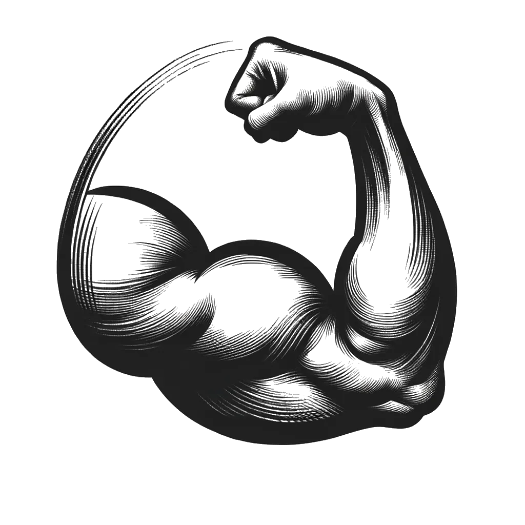 un dibujo de un bíceps flexionado representando el tema de Fisicalidad en blanco y negro.