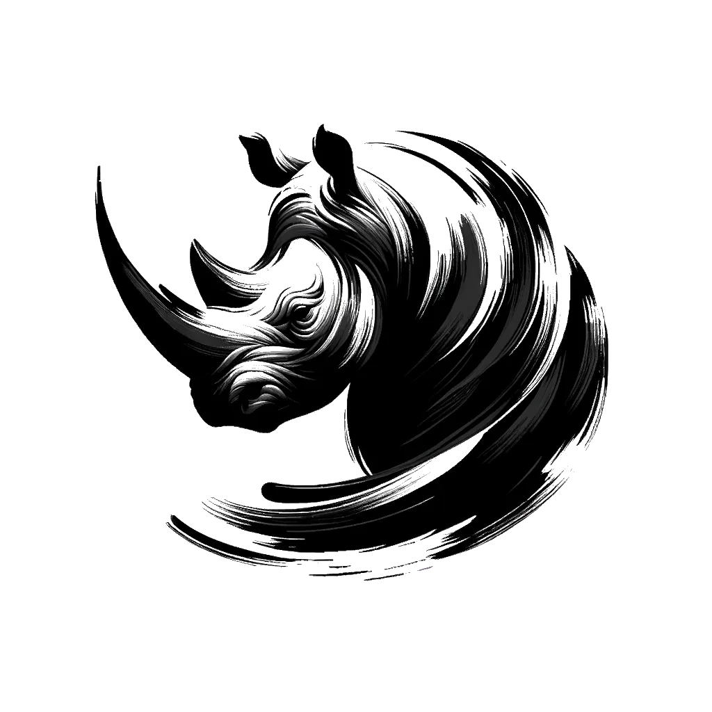 un dibujo de un rinoceronte de aspecto fuerte representando el tema de Fortaleza en blanco y negro.