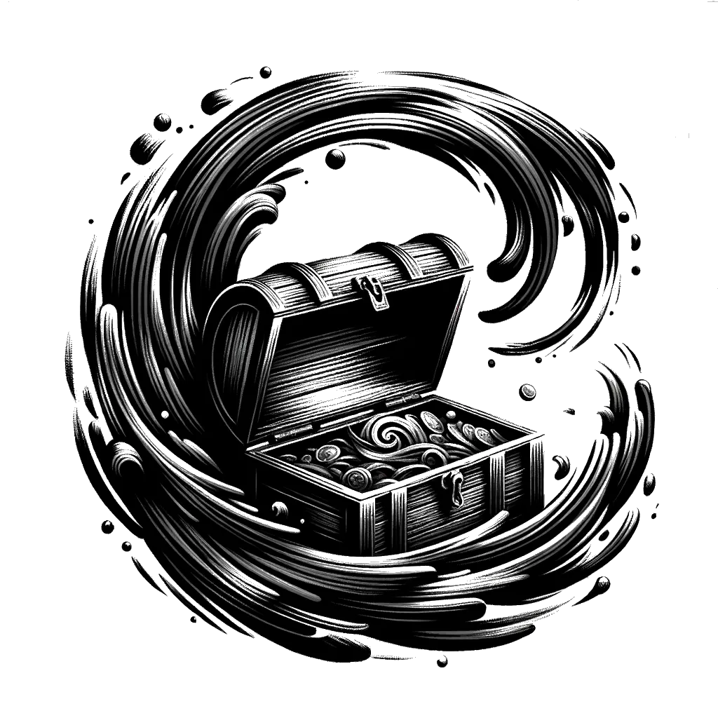 un dibujo de un cofre del tesoro abierto con un tesoro adentro representando el tema de Fortuna en blanco y negro.