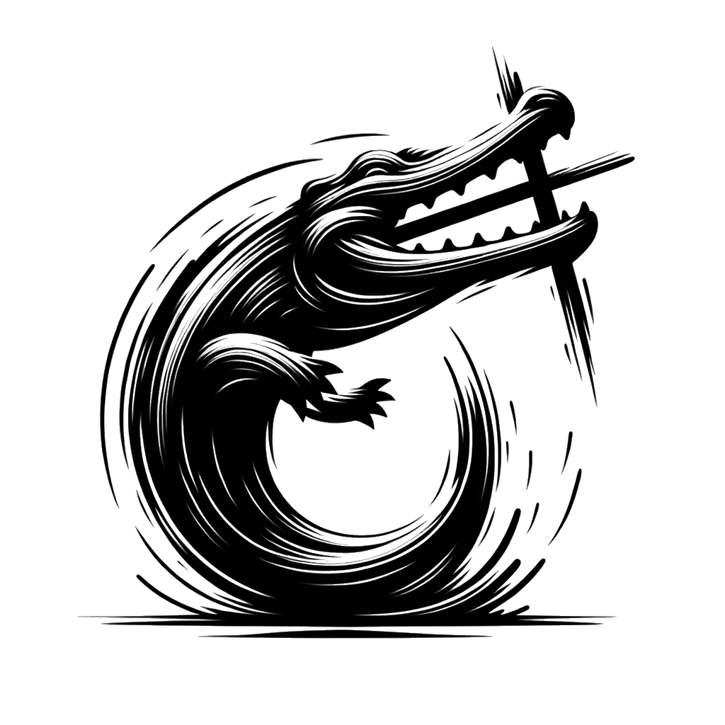 un dibujo de un cocodrilo aplastando un palo vertical en su boca representando el tema de Forzar en blanco y negro.