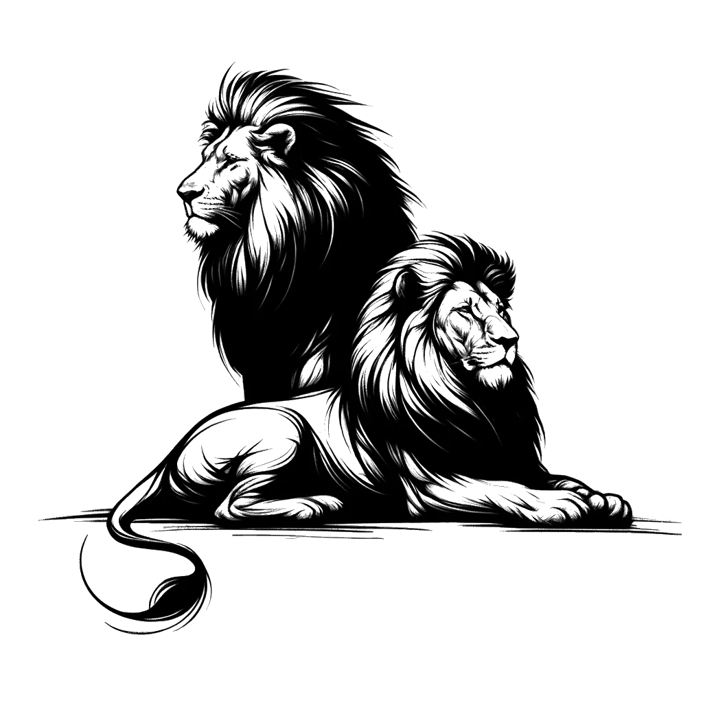 un dibujo de Dos leones machos se sentaron uno al lado del otro. representando el tema de Fraternidad en blanco y negro.