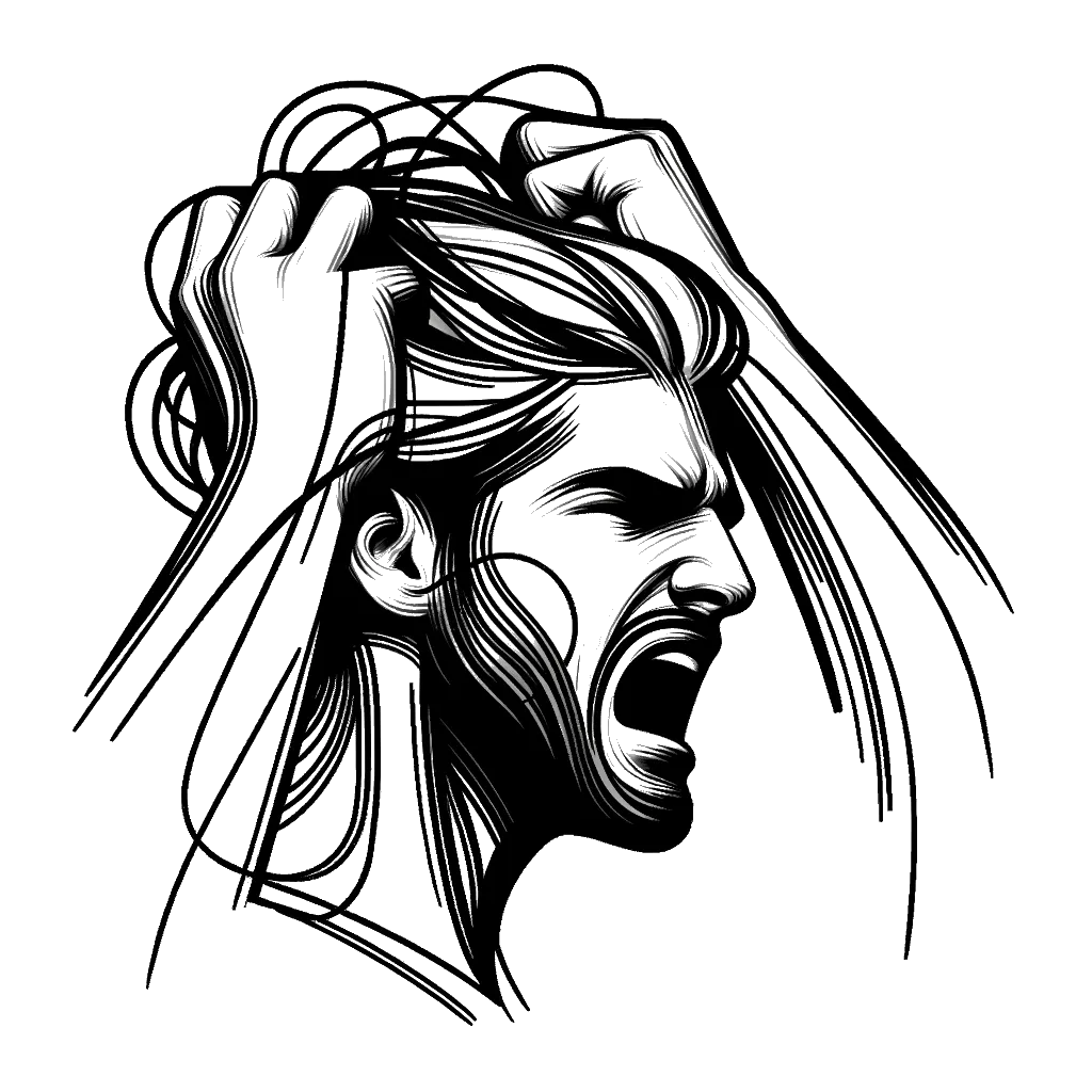 un dibujo de un hombre rubio tirándose del cabello en frustración representando el tema de Frustración en blanco y negro.