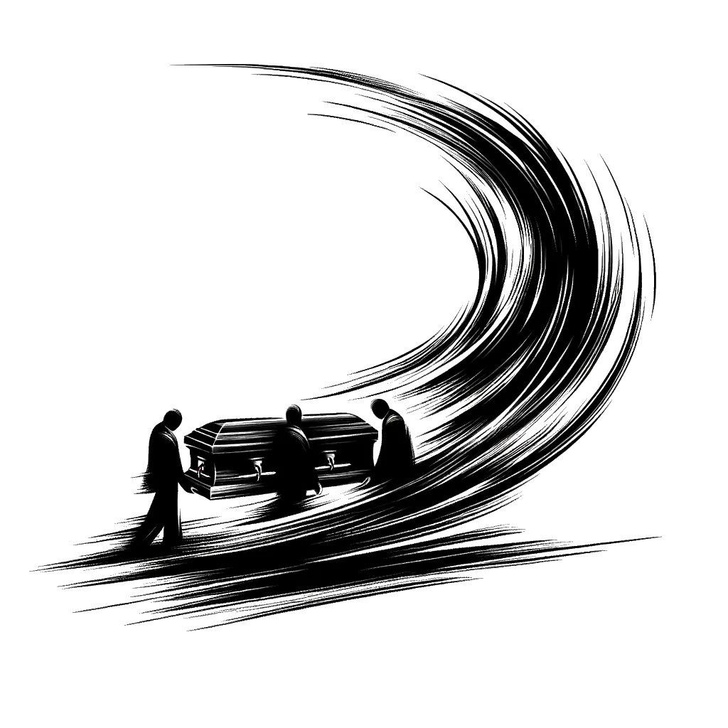 un dibujo de un ataúd siendo bajado a la tierra representando el tema de Funeral en blanco y negro.