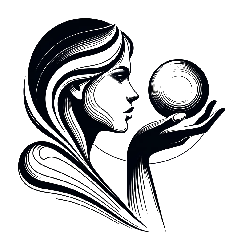 un dibujo de una mujer mirando hacia el futuro en una bola de cristal representando el tema de Futuro en blanco y negro.