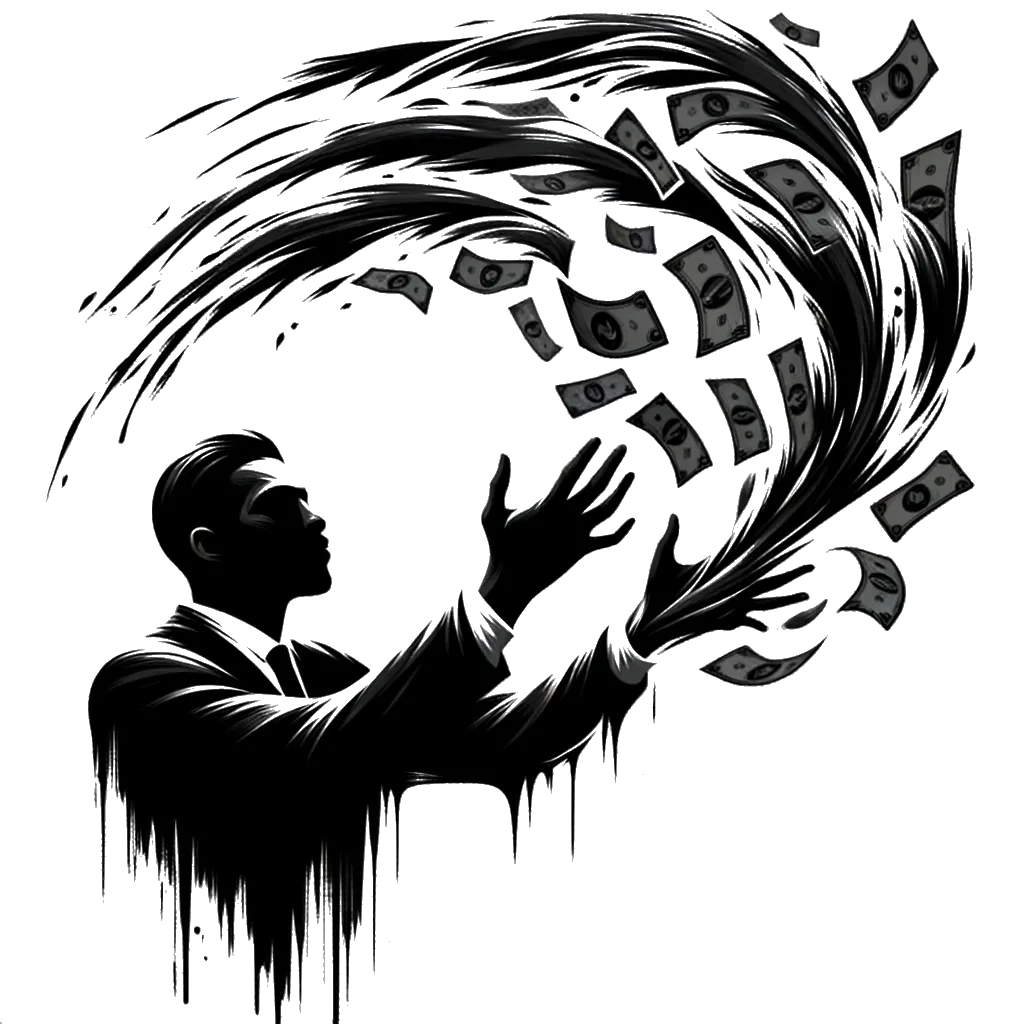un dibujo de un hombre lanzando montones de dinero al aire representando el tema de Ganancias en blanco y negro.