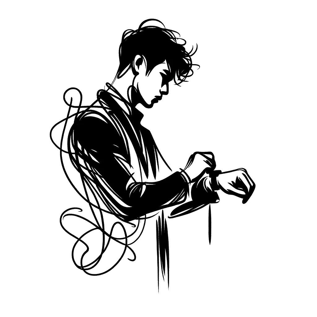 un dibujo de un hombre mirando su reloj representando el tema de Gestión del Tiempo en blanco y negro.