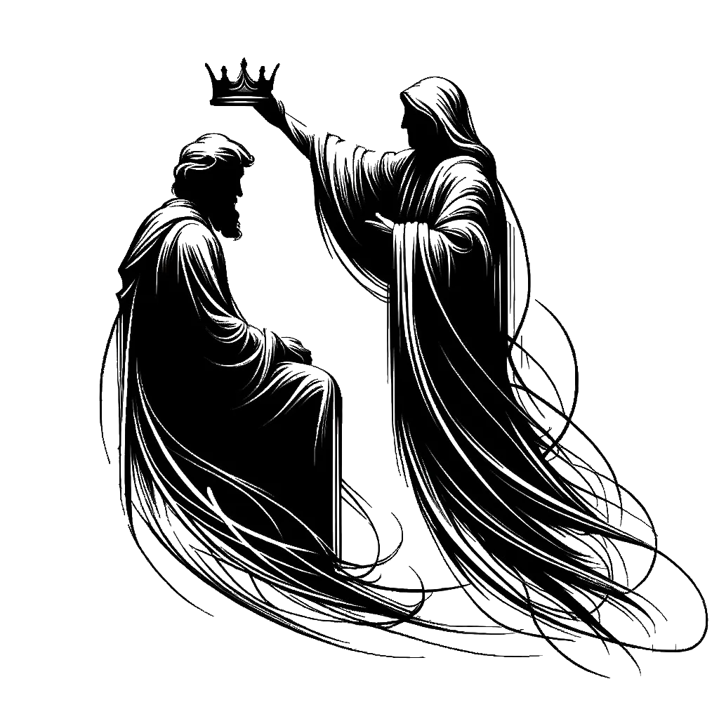 un dibujo de un rey siendo coronado por un obispo representando el tema de Gloria en blanco y negro.