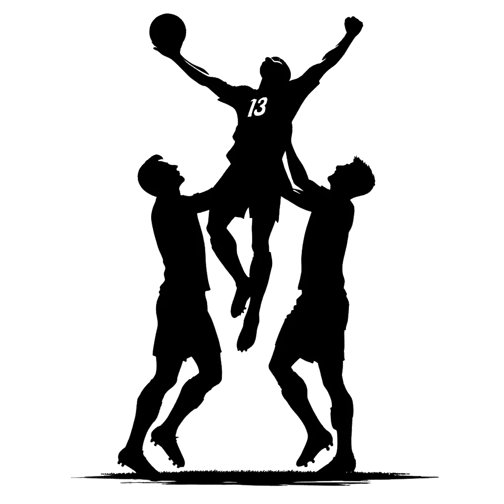 un dibujo de un jugador de fútbol masculino siendo sostenido a ambos lados por otros dos futbolistas representando el tema de Glorificacion en blanco y negro.