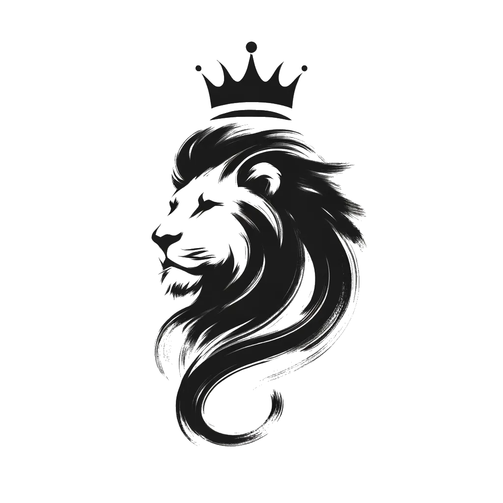 un dibujo de un león macho con corona luciendo majestuoso representando el tema de Grandeza en blanco y negro.