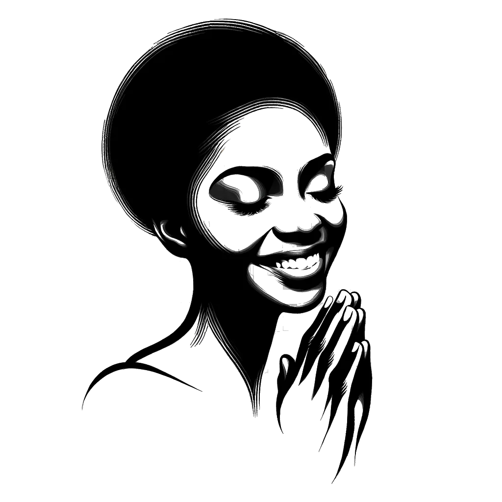 un dibujo de una mujer rezando y sonriendo y diciendo gracias representando el tema de Gratitud en blanco y negro.