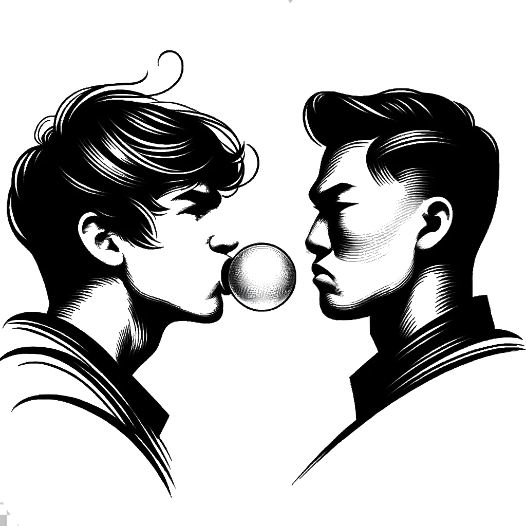 un dibujo de Un joven hombre blanco haciendo burbujas de chicle en la cara de otro hombre blanco que parece realmente molesto. representando el tema de Grosería en blanco y negro.