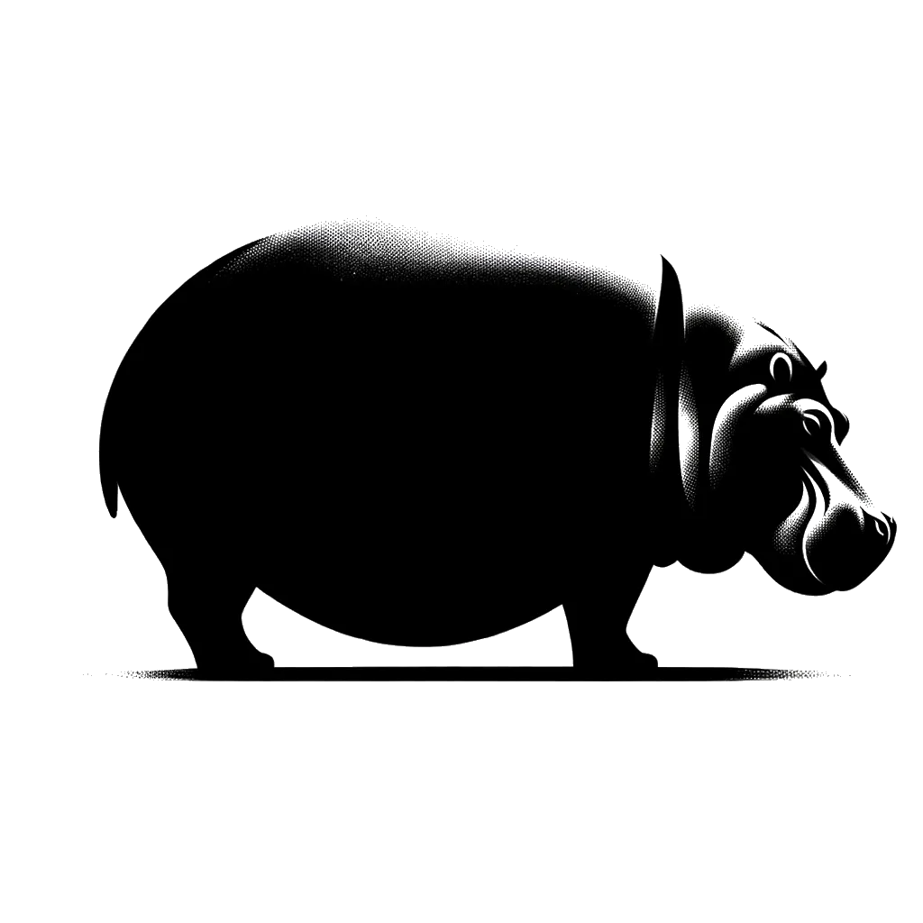 un dibujo de un hipopótamo gordo representando el tema de Gula en blanco y negro.