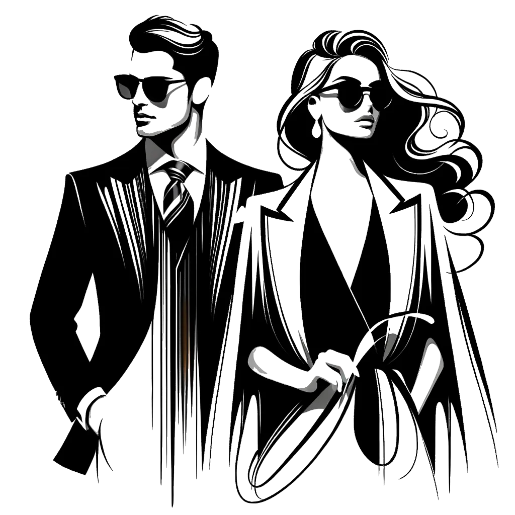 un dibujo de una pareja sofisticada vestida muy elegante y usando gafas de sol representando el tema de Gusto en blanco y negro.