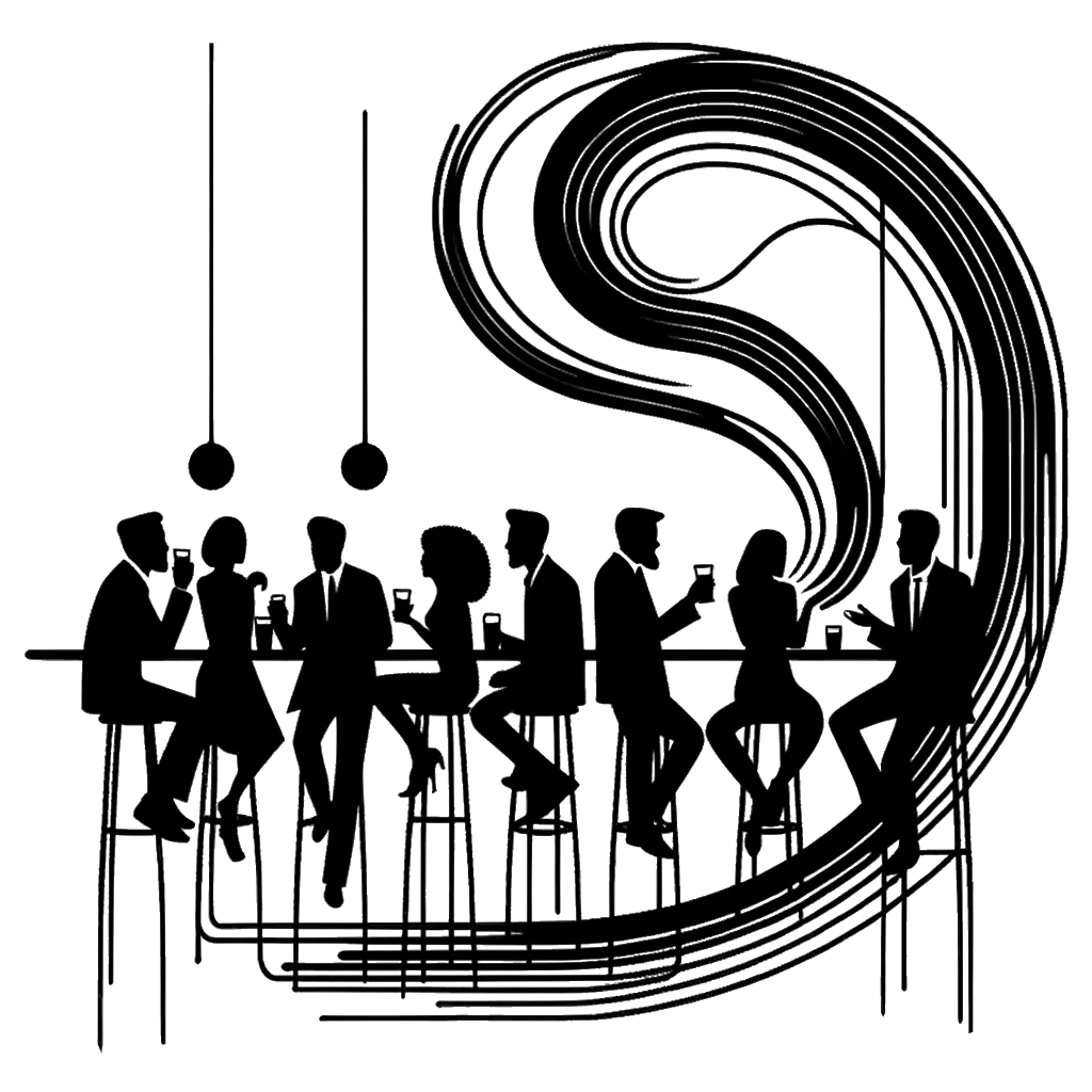 un dibujo de personas en un bar hablando representando el tema de Habilidades Sociales en blanco y negro.