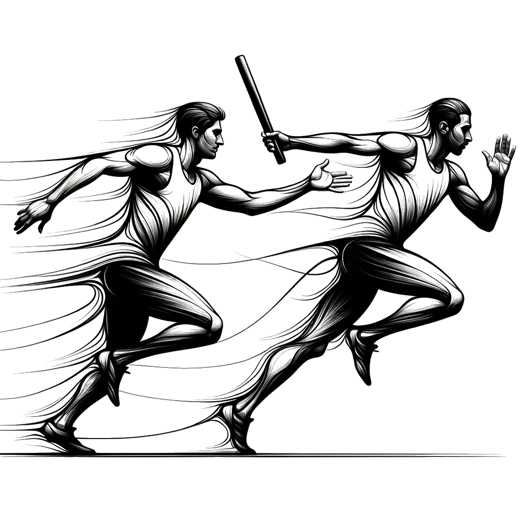 un dibujo de dos corredores de velocidad masculinos intercambiando el testigo representando el tema de Habilitar en blanco y negro.