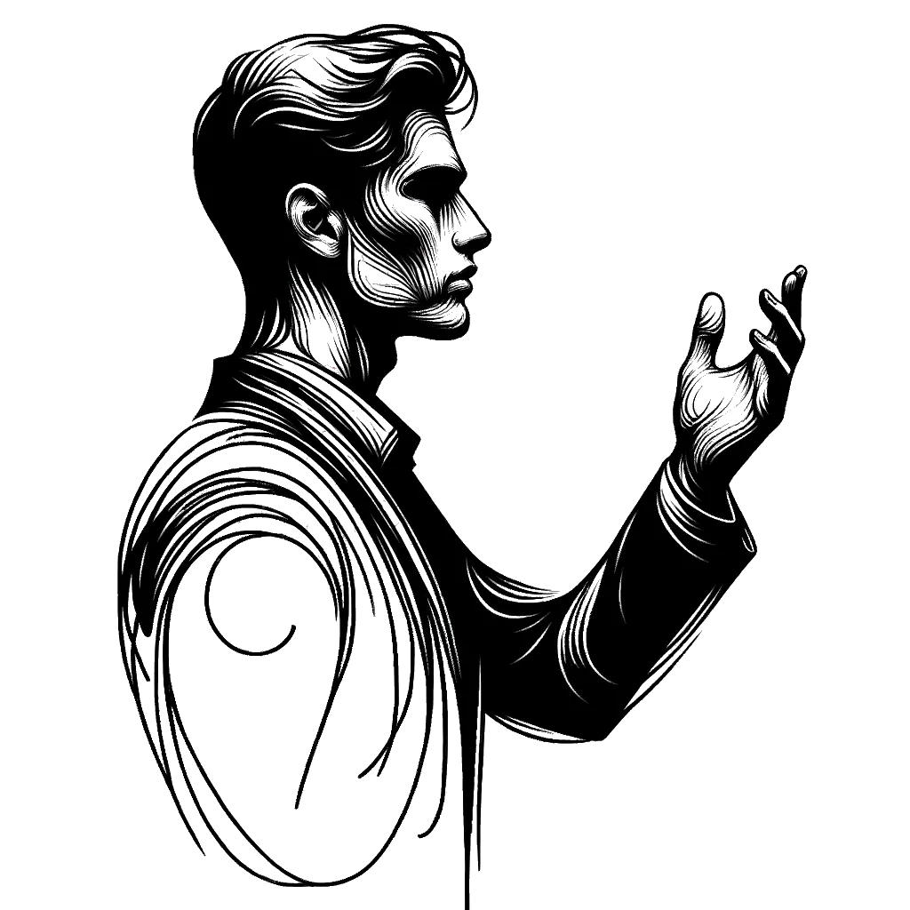 un dibujo de un hombre levantando la mano para hablar representando el tema de Hablando Alto en blanco y negro.