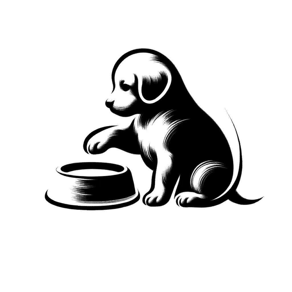 un dibujo de un cachorro con la pata en un plato vacío representando el tema de Hambre en blanco y negro.