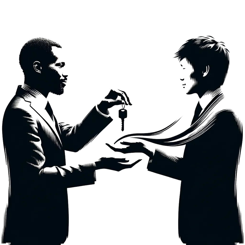 un dibujo de un hombre vestido con traje entregando un manojo de llaves a otro hombre representando el tema de Herencia en blanco y negro.