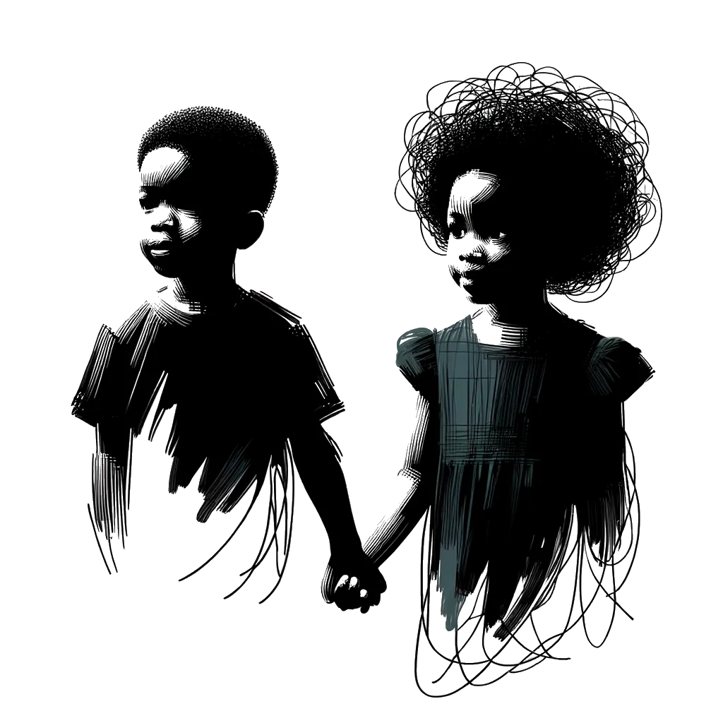 un dibujo de un joven hermano y hermana tomados de la mano representando el tema de Hermanos y Hermanas en blanco y negro.