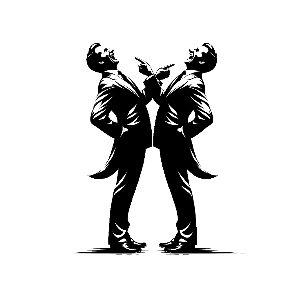 un dibujo de dos hombres en trajes mirándose, ambos riendo y señalando representando el tema de Hipocresía en blanco y negro.