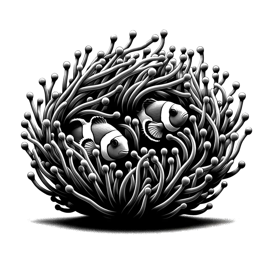 un dibujo de dos peces payaso escondiéndose entre las anémonas del mar representando el tema de Hogares Seguros en blanco y negro.