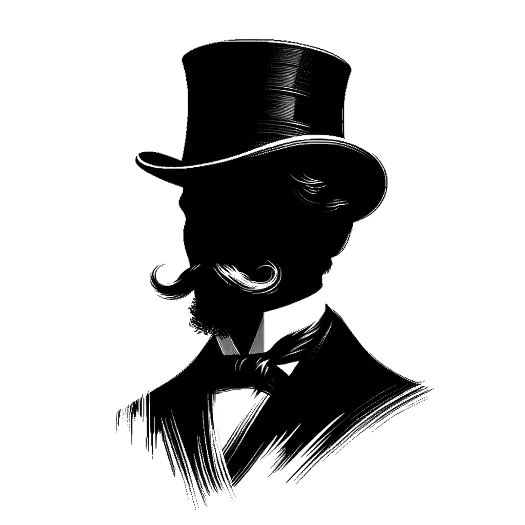 un dibujo de un hombre victoriano con un sombrero de copa y bigote representando el tema de Hombres en blanco y negro.