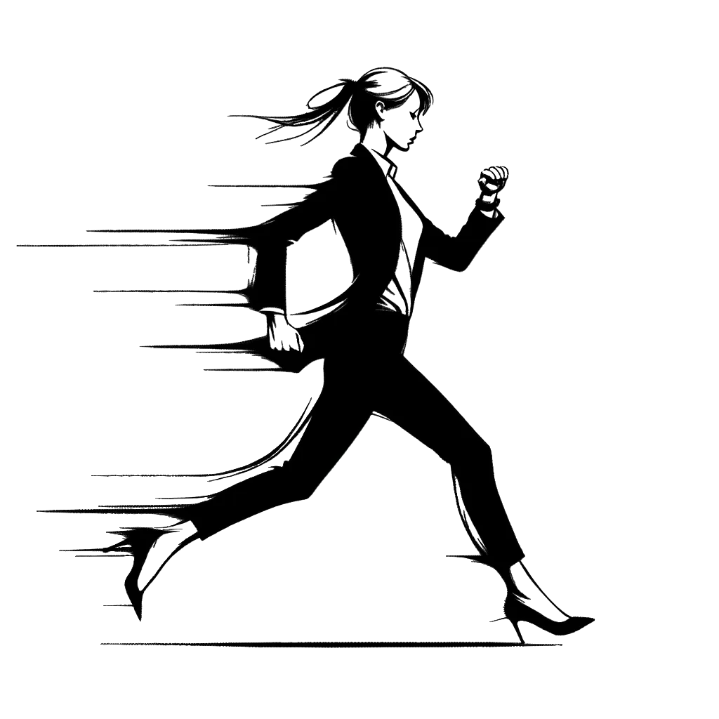 un dibujo de una mujer con traje corriendo y mirando su reloj al mismo tiempo representando el tema de Horarios en blanco y negro.