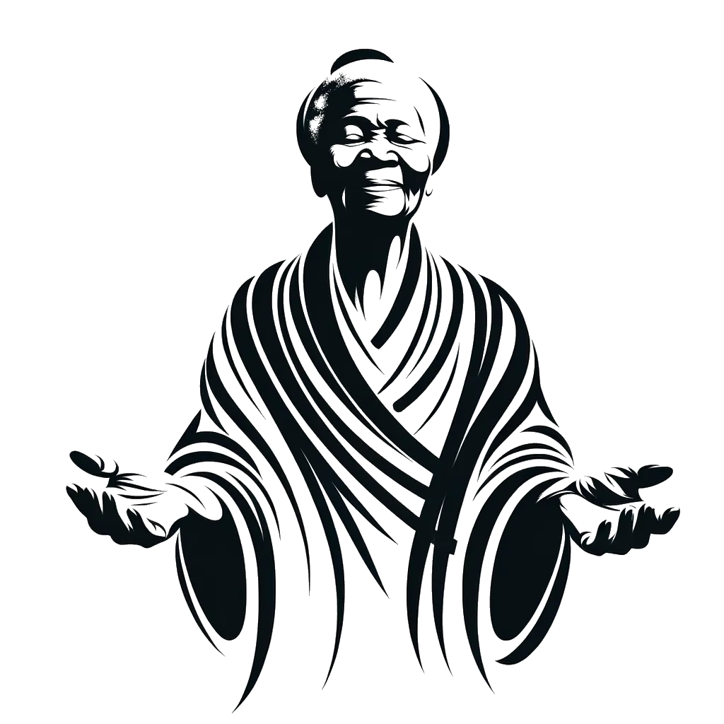 un dibujo de una anciana con los brazos abiertos de bienvenida representando el tema de Hospitalidad en blanco y negro.